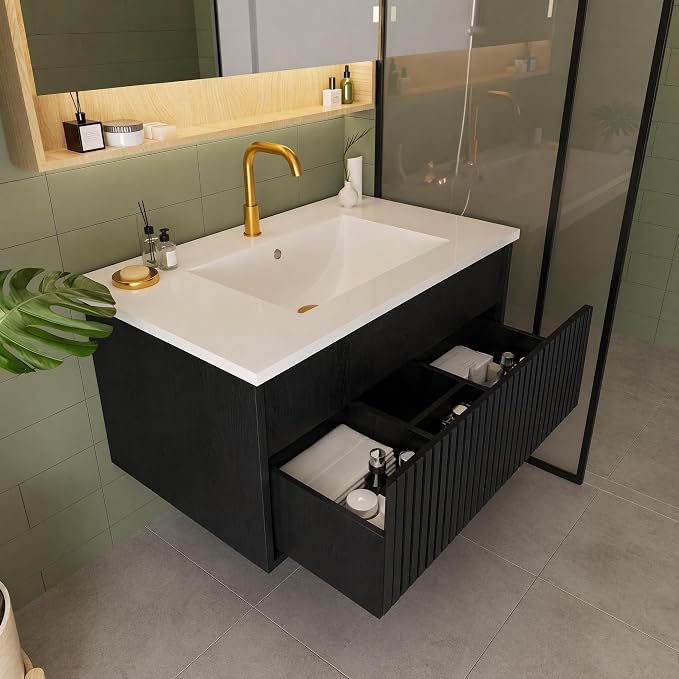 30 Inch Floating Bathroom Vanity with Ceramic Sink, Modern Striped Wall Mount Vanity Cabinet with Compartmentalized Storage Drawer, Black
