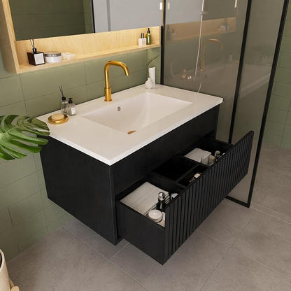 30 Inch Floating Bathroom Vanity with Ceramic Sink, Modern Striped Wall Mount Vanity Cabinet with Compartmentalized Storage Drawer, Black