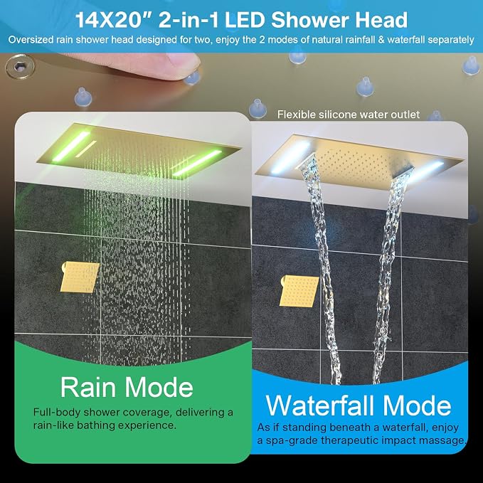 ENGA Dual Rain Shower Head System, 2 In 1 Functions Ceiling Mount 14x20inch LED Shower Head with 6 Inch Shower Head, Rainfall Waterfall Shower Faucet Set, Brushed Gold
