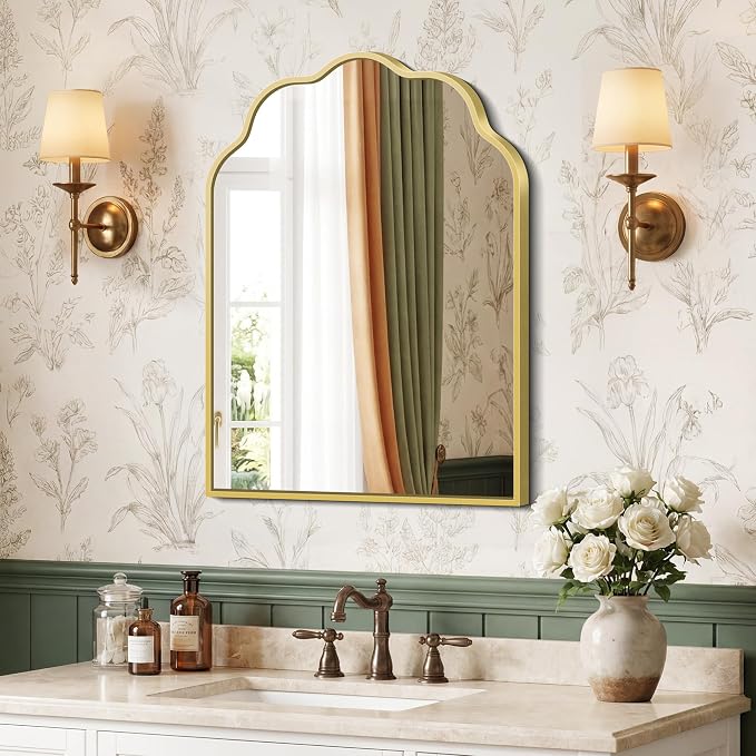 Gold Arched Mirror, 18×24Inch Scalloped Bathroom Mirror, Wavy Wall Mounted Vanity Mirror with Aluminum Alloy Frame for Livingroom Bedroom and Entryway, Tempered Glass