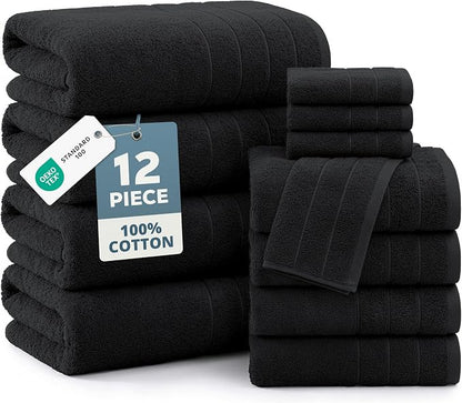 Casa Platino Towel Set Soft Absorbent Quick Dry 100% Cotton - Black | Towels And Washcloths Sets - Lightweight & Breathable, Fade-Resistant Color, Classic Terry Weave, Densely Woven