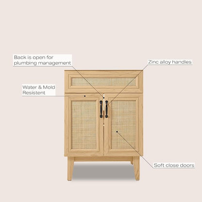 JONATHAN Y Javer Bohemian Rattan Freestanding Bath Vanity, 24", Oak | 18" Deep, 33" High, Double Soft-Close Doors, Caned Paneling, 2-Shelf Storage, Basin Not Included, Modern Farmhouse Style