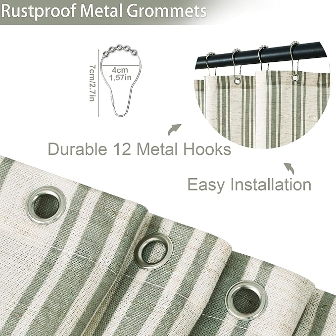 ORTIGIA Linen Textured Ruffle Shower Curtain 72x72 Inch with Metal Hooks, Vintage Cream-Green Waterproof Bath Curtain for Rustic Farmhouse Bathroom Decor