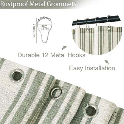 ORTIGIA Linen Textured Ruffle Shower Curtain 72x72 Inch with Metal Hooks, Vintage Cream-Green Waterproof Bath Curtain for Rustic Farmhouse Bathroom Decor