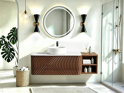 48" Floating Bathroom Vanity with Sink, Mid-Century Wall Mounted Bathroom Vanity Cabinet with Wood Waved Decor,Ceramic Vessel Basin and Sintered Stone Top, Soft Close Drawer, Side Open Cube