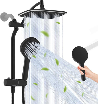 10" Rain Shower Head with Handheld/Extension Arm, Easy-Reach Holder, Chrome | High-Pressure Boosting Rainfall Showerhead with Metal Adjustable Extension Arm, 5-Spray Modes with Power Wash, Easy Install
