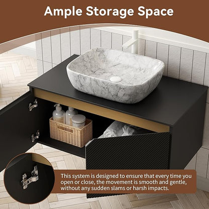 36 Inch Bathroom Vanity with Sink, Floating Fluted Vanity with Vessel Sink, Modern Bathroom Vanity Cabinet with 2 Doors with Metal Trim, Oval Marble Sink & Sintered Stone Top, Black