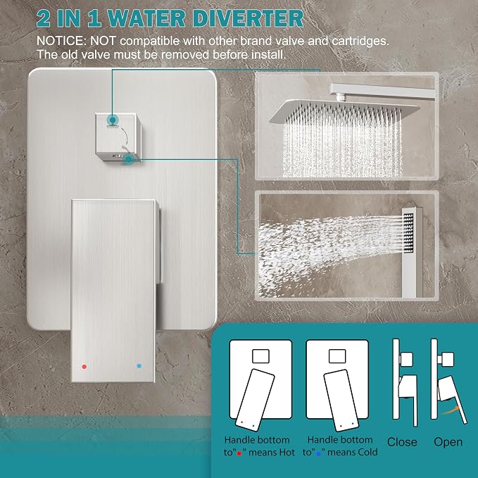 12" Rain Shower System with Handheld & Valve, Brushed Nickel | Wall-Mounted High-Pressure Shower Faucet Combo Set, 12-Inch Rain Shower Head with Handheld Spray,Includes Valve and Trim Kit