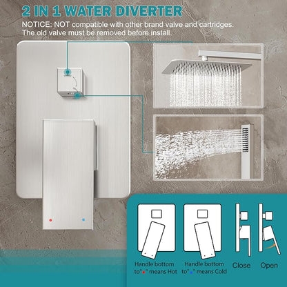 12" Rain Shower System with Handheld & Valve, Brushed Nickel | Wall-Mounted High-Pressure Shower Faucet Combo Set, 12-Inch Rain Shower Head with Handheld Spray,Includes Valve and Trim Kit