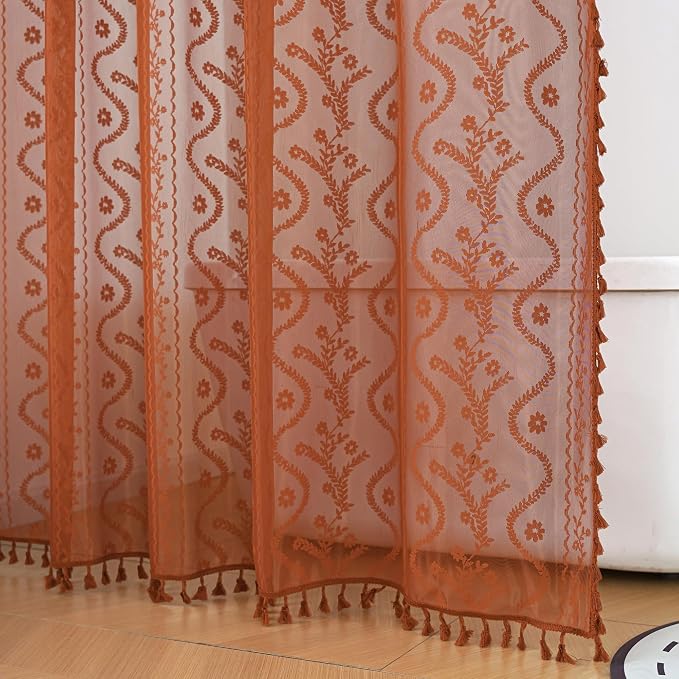 WAZZIO Bunrt Orange Lace Shower Curtain for Bathroom 72" W x 84" L, Victorian Farmhouse Floral Pattern Tassel Fancy Shower Curtain Boho Washable Cloth Decorative Bath Curtains,1 Panel