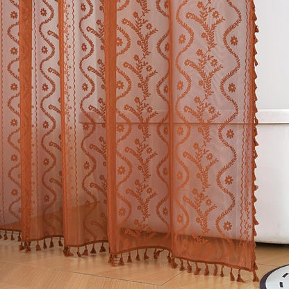 WAZZIO Bunrt Orange Lace Shower Curtain for Bathroom 72" W x 84" L, Victorian Farmhouse Floral Pattern Tassel Fancy Shower Curtain Boho Washable Cloth Decorative Bath Curtains,1 Panel