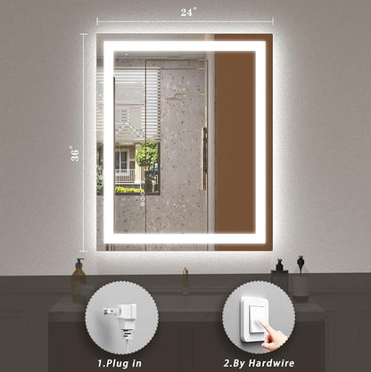 24x36 LED Lighted Bathroom Mirror for Vanity Wall | Front Light and Backlit, Anti-Fog, Memory, 3 Color, Tempered Glass, Dimmable, Rectangular, UL, Horizontal/ Vertical Mounted