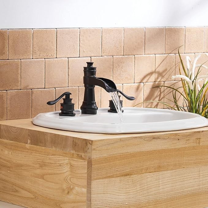 3 Hole 8 Inch Widespread Bathroom Sink Faucet Black Two Handles | Waterfall Spout,Lead-free,With Pop Up Drain and Supply Lines, Classic Farmhouse Retro, Stain Resistant Coating