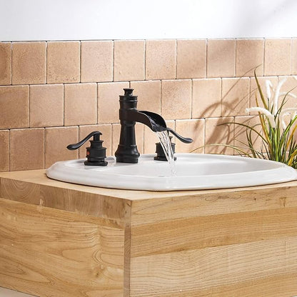 3 Hole 8 Inch Widespread Bathroom Sink Faucet Black Two Handles | Waterfall Spout,Lead-free,With Pop Up Drain and Supply Lines, Classic Farmhouse Retro, Stain Resistant Coating