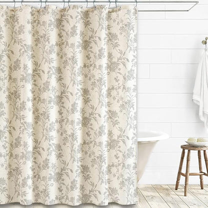 WOUVMA Vintage Farmhouse Shower Curtain for Bathroom Grey Shower Curtain Floral Cotton Linen 72" W x 72" L
