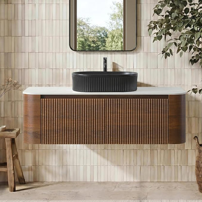 48" Floating Bathroom Vanity with Black Sink & Towel Rack, Walnut | Pre-Assembled Fluted Wall Mounted Vanity with Ceramic Vessel Sink, Rounded Edges, Soft-Close Drawer