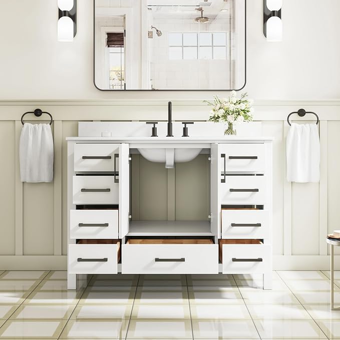 48-Inch Bathroom Vanity with Sink, 2 Soft-Close Doors and 9 Soft-Close Drawers, Bathroom Freestanding Vanity with Cultured Marble Countertop, Bathroom White Vanity with Matte Black Handles