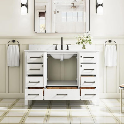 48-Inch Bathroom Vanity with Sink, 2 Soft-Close Doors and 9 Soft-Close Drawers, Bathroom Freestanding Vanity with Cultured Marble Countertop, Bathroom White Vanity with Matte Black Handles