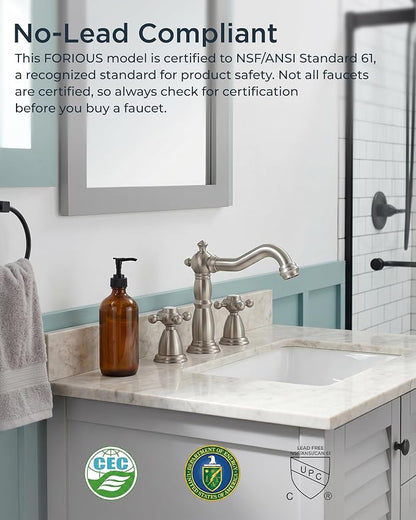 FORIOUS Bathroom Faucet 3 Hole Vintage 8" Widespread Sink Brushed Nickel | 6-12 inch 3-hole Install, 2 Cross Handle Antique Bathroom Sink Faucet for Vanity RV Farmhouse with Drain and Supply Lines
