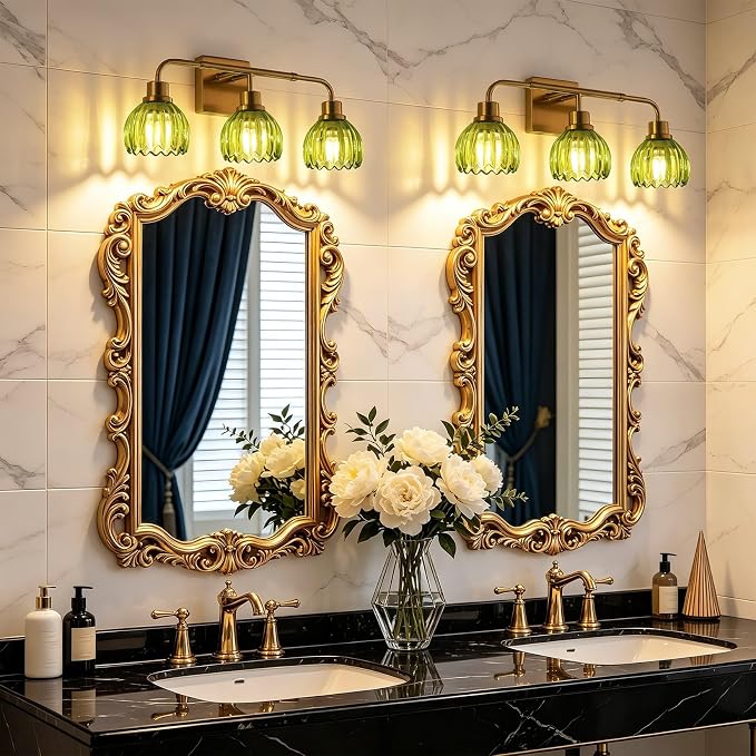 Ralbay Vintage Bathroom Light Fixtures,Gold Bathroom Vanity Light,Matte Antique Brass Finish with Green Crystal Glass Shade,Wall Sconces Lighting for Bedroom,Living Room,Hallway(3-Light)