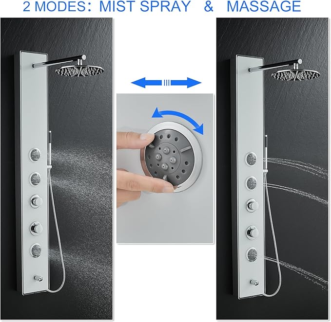 MENATT White Glass Shower Panel Tower System, 304 Stainless Steel and Glass 4 in 1 Shower Tower System with 9-inch Shower Head, 3 Body Massage Jets, Handheld Shower and Tub Spout
