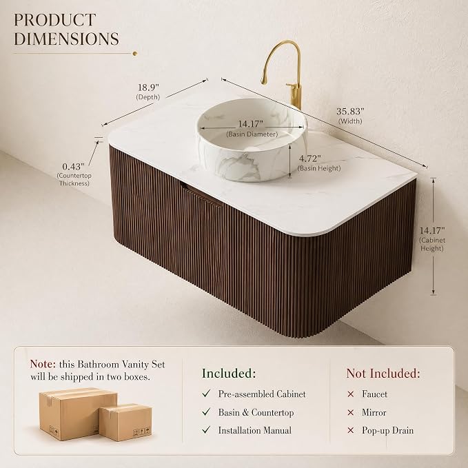 36 Inch Bathroom Vanity with Sink, Floating Wall Mounted Single Sink Vanity, Dark Walnut Curved Fluted Front, Stone Top, Marble-Look Round Vessel Basin, Pre-Assembled