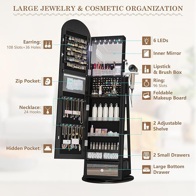 LVSOMT 64" H Arched LED Mirror Jewelry Cabinet Standing, Black | 360° Swivel Full-Length Mirror with Storage, Lockable Jewelry Organizer with Inner Makeup Shelf, Gift for Women