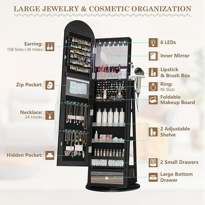 LVSOMT 64" H Arched LED Mirror Jewelry Cabinet Standing, Black | 360° Swivel Full-Length Mirror with Storage, Lockable Jewelry Organizer with Inner Makeup Shelf, Gift for Women
