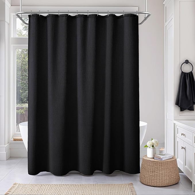Waffle Weave Shower Curtain - Black Cotton Fabric Texture Heavyweight Shower Curtains for Bathroom,Washable,72Wx75L