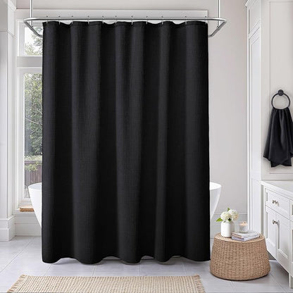 Waffle Weave Shower Curtain - Black Cotton Fabric Texture Heavyweight Shower Curtains for Bathroom,Washable,72Wx75L