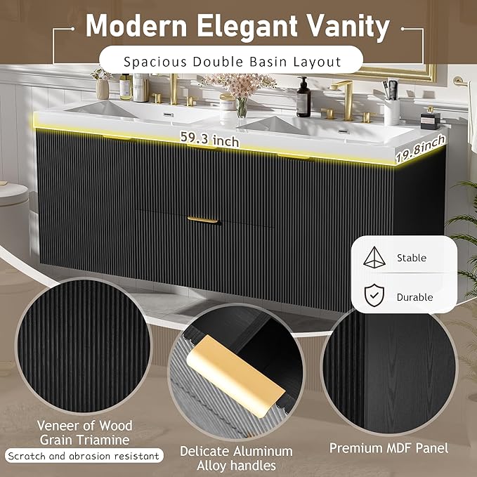 60" Bathroom Vanity with Sink Combo, Floating Double Sink Bathroom Vanity with SMC Resin Top, MDF Cabinet with Solid Wood Frame, Wall-Mounted Bath Room Vanities for Large Bathrooms (60''-Black)