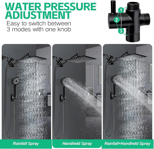 Shower Head,10”Rain Shower Head with Handheld Spray Combo and Adjustable Extension Arm/3-Way Flow Regulator/Shower System,High Pressure Rain Fall Hose,Matt Black