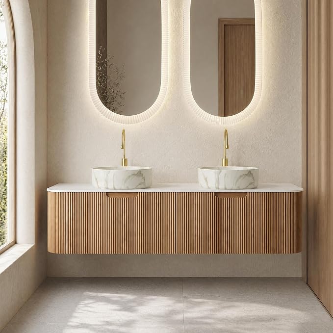 60 Inch Double Sink Bathroom Vanity, Floating Wall Mounted Cabinet, Natural Woodgrain Curved Fluted Front, Stone Top, Dual Marble-Look Round Vessel Basins, Pre-Assembled