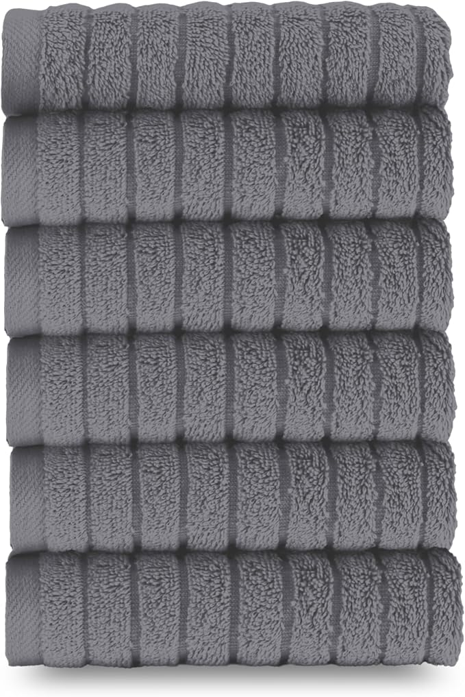Elegant Comfort 100% Turkish Cotton Corduroy Ribbed Luxury Washcloths 6 Pack Soft 13 x 13 Inch - Higly Absorbent, Durable, Quick Dry, Spa Premium Hotel Quality for Bathroom or Travel, Gray
