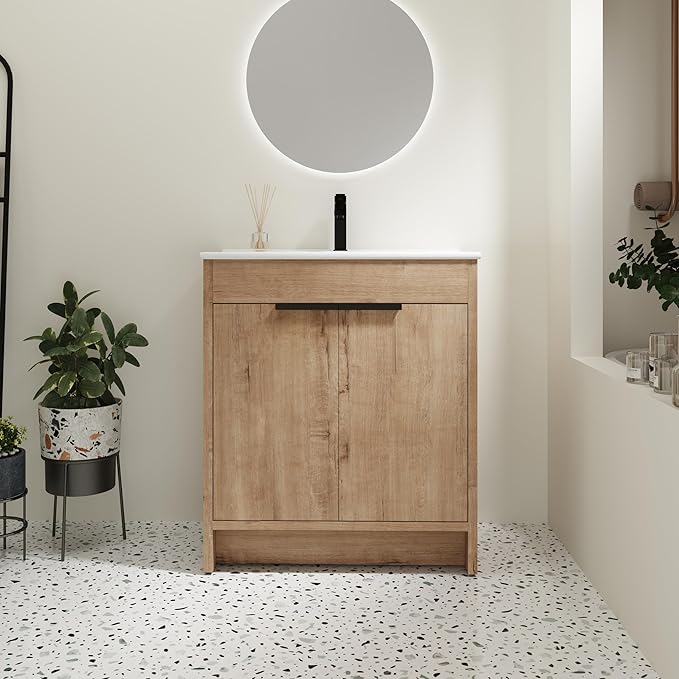 SSLine 30-Inch Bathroom Vanity with Sink Mid-Century Bathroom Vanities with Top Basin Floor Wood Bathroom Sink Cabinet with Soft-Close Doors & Adjustable Storage Shelves (Natural Brown)