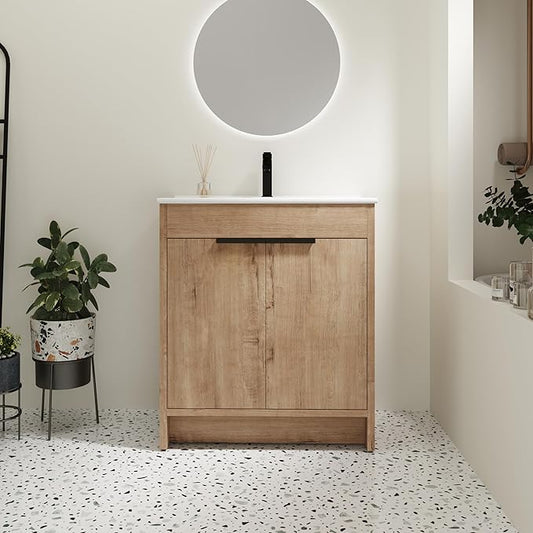 SSLine 30-Inch Bathroom Vanity with Sink Mid-Century Bathroom Vanities with Top Basin Floor Wood Bathroom Sink Cabinet with Soft-Close Doors & Adjustable Storage Shelves (Natural Brown)