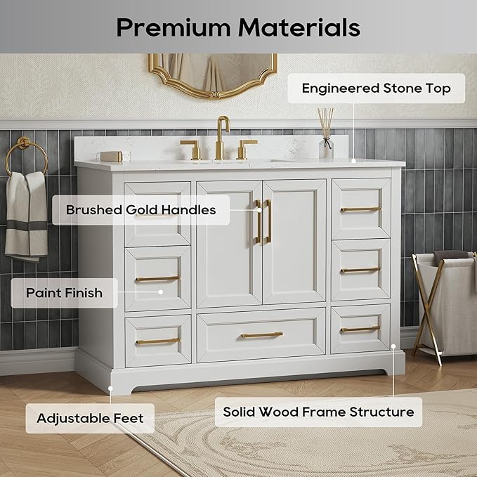 48" Bathroom Vanity with Sink,Undermount Ceramic Sink Vanity, Storage Cabinet with Sink,Drawers& No Installation Required, Small Wooden Bathroom Sink Cabinet, Greige White