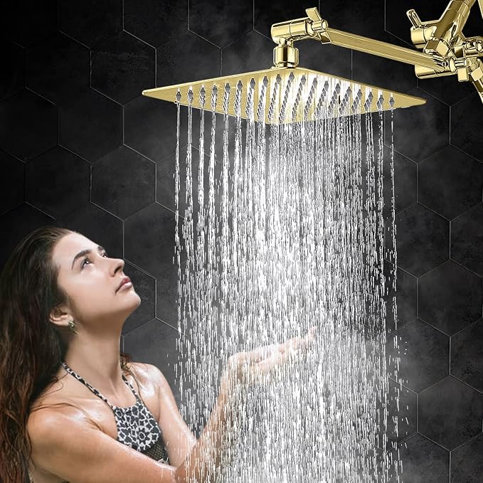 G-Promise All Metal 10" Dual Square Shower Head Combo | Rain Shower Head | Handheld Shower Wand | Adjustable | 3-Way Diverter | 71" Extra Long Hose - A Bathroom Upgrade (Polished Brass) | Built to Last, Easy Install, Adjustable Height & Angle for All H...