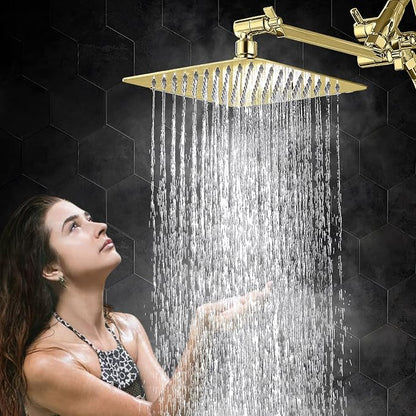 G-Promise All Metal 10" Dual Square Shower Head Combo | Rain Shower Head | Handheld Shower Wand | Adjustable | 3-Way Diverter | 71" Extra Long Hose - A Bathroom Upgrade (Polished Brass) | Built to Last, Easy Install, Adjustable Height & Angle for All H...