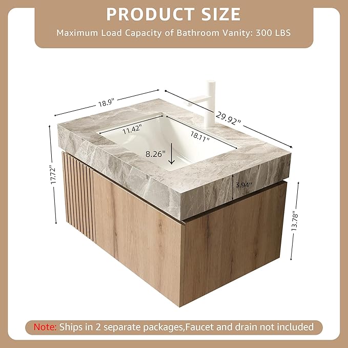 30” Floating Bathroom Vanity with Sink, Wall-Mounted Cabinet with Drawer & Doors, Gray Travertine-Pattern Sintered Stone Top, Undermount Basin, Single Faucet Hole, Soft-Close, Pre-Assembled, Light Oak
