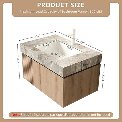 30” Floating Bathroom Vanity with Sink, Wall-Mounted Cabinet with Drawer & Doors, Gray Travertine-Pattern Sintered Stone Top, Undermount Basin, Single Faucet Hole, Soft-Close, Pre-Assembled, Light Oak