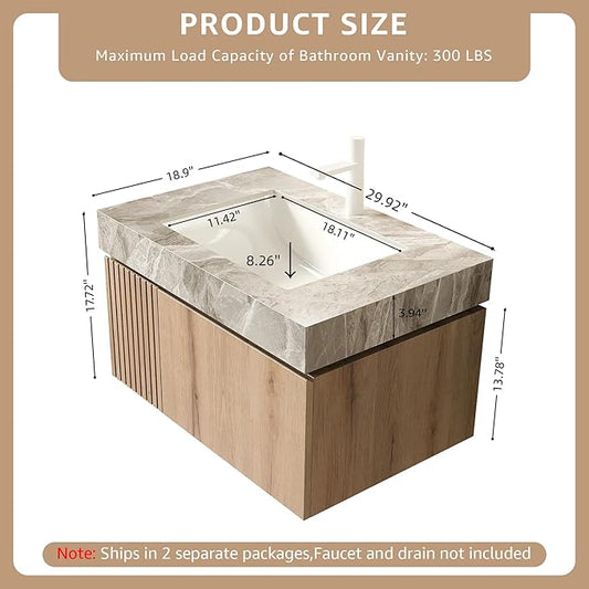 30” Floating Bathroom Vanity with Sink, Wall-Mounted Cabinet with Drawer & Doors, Gray Travertine-Pattern Sintered Stone Top, Undermount Basin, Single Faucet Hole, Soft-Close, Pre-Assembled, Light Oak
