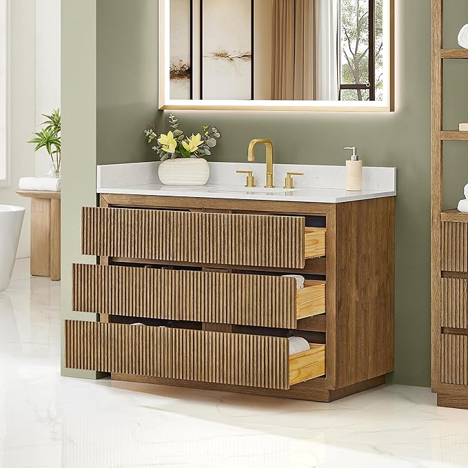 ALTAIR 48 Inch Bathroom Vanity with Sink Single Vanities Brown Pedestal Large Storge Cabinet with Backsplash Sidesplash Ceramic Countertop Mordern Pre-Assembled Bath Fixtures