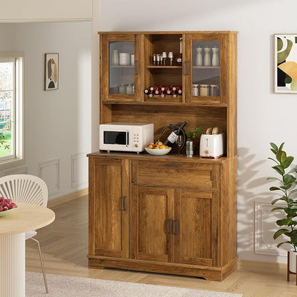 Shintenchi 68" Kitchen Pantry Storage Cabinet, with Microwave Stand, Brown | Freestanding Buffet Cabinet, with 3 Door Shelves, Kitchen Hutch with Doors, Adjustable Shelves and Wine Rack
