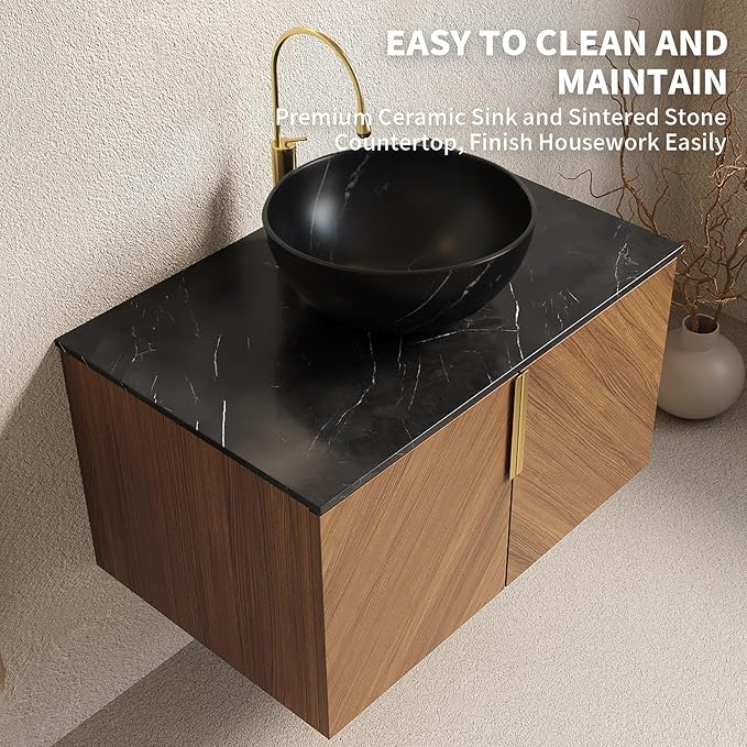 LKTART 30 Inch Bathroom Vanity with Sink, Modern Wall Mounted Bathroom Sink with 2 Doors, Black Sintered Stone Countertop and Gray-Black Bowl Ceramic Basin, Brown