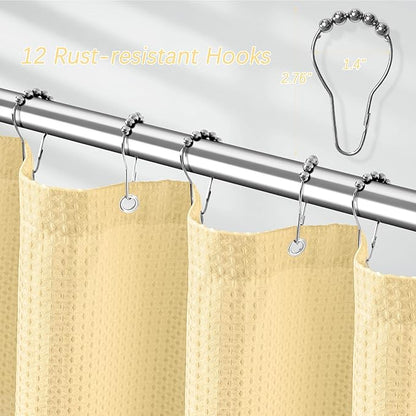 Beige Shower Curtain 256GSM Heavy Duty Waffle Woven Bathroom Shower Curtains, Weighted Fabric for Hotel Spa Luxury Polyester Bath Curtain with 12 Hooks, 72Wx72H
