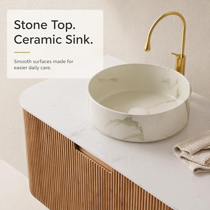 36 Inch Bathroom Vanity with Sink, Floating Wall Mounted Single Sink Vanity, Natural Woodgrain Curved Fluted Front, Stone Top, Marble-Look Round Vessel Basin, Pre-Assembled