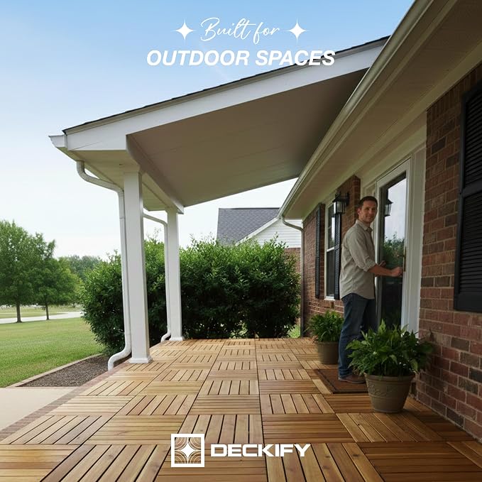 Acacia Interlocking Deck Tiles Outdoor Waterproof, Golden Teak Striped | Natural Acacia Wood, Raised Base Drainage, Non-Slip Grip, 490 lb Capacity, Oil-Rubbed Finish,Easy Clean,Tool-Free