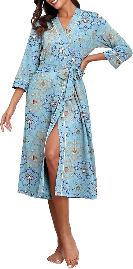 PrinStory Robes for Women 3/4 Sleeve Long Bath Robe XS-4XL | V-Neck Knit Bathrobe with Pockets, Lightweight, Soft, Breathable Robes for Shower, Spa, Travel, Home, Party, Nursing