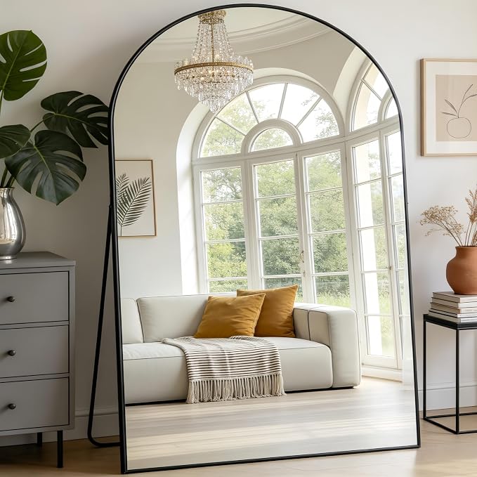 Dewfig Arched Full Length Mirror, 90"x46" Large Floor Mirror, Black | Aluminum Alloy Frame Oversized Full Body Mirror, HD Shatterproof Tempered Glass, Lean/Stand/Wall for Living Room,Bedroom